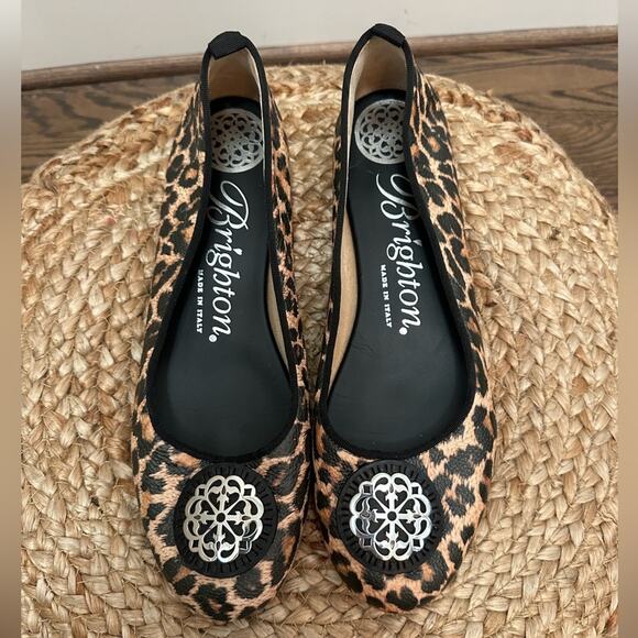 Brighton Aleta Ballerinas Leopard Print Leather Silver Plate medallion Size 10 M - Picture 1 of 7